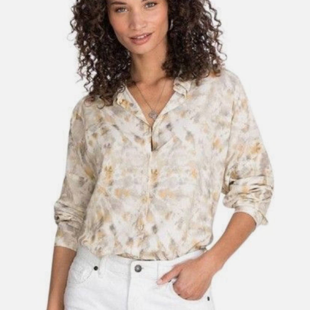 Johnny Was Calme Relaxed Boxy Button Up Blouse Cream Ivory Tie Dye Size XS